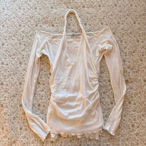 Zara Cream Off-Shoulder Halter Long Sleeve Top